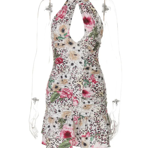 Load image into Gallery viewer, Hollow Out Halter Print Mini Dress For Women Robe Fashion Sleeveless Backless High Waist Ruffled Club Party Dress
