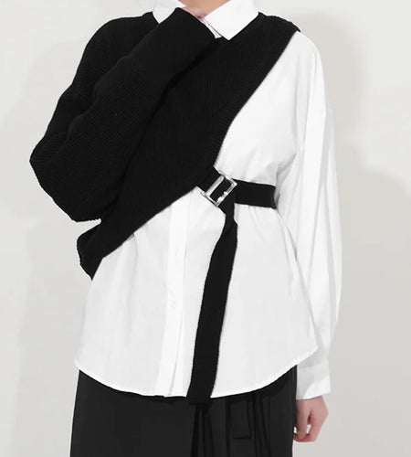 Women White Knitting Split Big Size Blouse New Lapel Long Sleeve Loose Fit Shirt Fashion Tide Spring Autumn 2025 1DC019