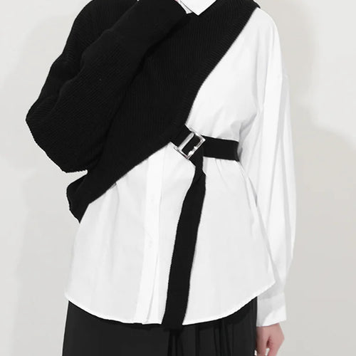 Load image into Gallery viewer, Women White Knitting Split Big Size Blouse New Lapel Long Sleeve Loose Fit Shirt Fashion Tide Spring Autumn 2025 1DC019
