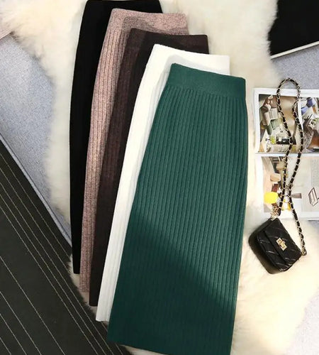 Sweater Knitted Skirt Women Autumn Winter Simple Style A-line Skirt Female Elegant Fashion High Waist Midi Skirts Lady