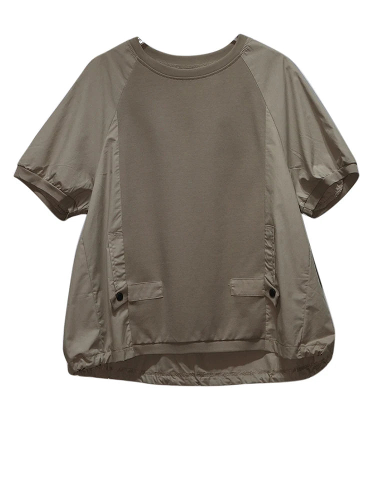 Women Black Spliced Brief Big Size Casual T-shirt New Round Neck Short Sleeve Fashion Tide Spring Summer 2025 1DJ0803