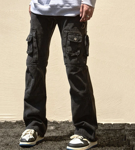 Men's Cargo Jeans New Fashion Multi Pockets Design Distressed Personaility Trendy Straight Leg Niche Male Bottoms 9W1931