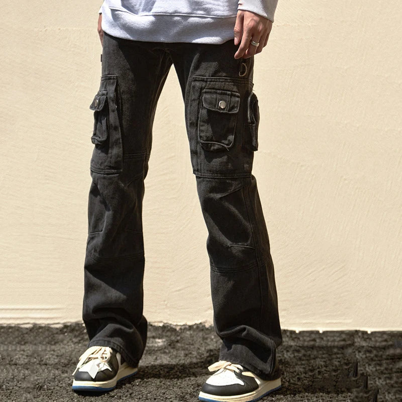 Men's Cargo Jeans New Fashion Multi Pockets Design Distressed Personaility Trendy Straight Leg Niche Male Bottoms 9W1931