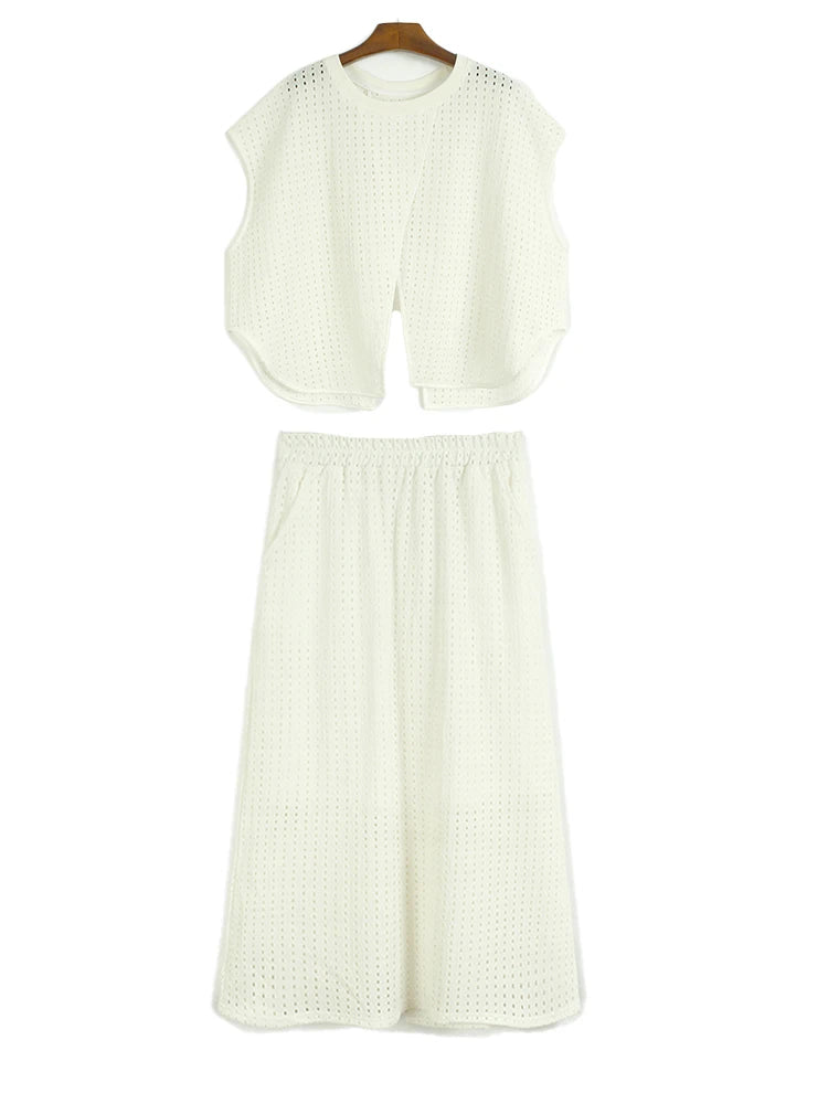 Black Hollow Hollow Out T-shirt Skirt Two Pieces Suit New Round Neck Short Sleeve Women Fashion Spring Summer 2025 1DJ1435