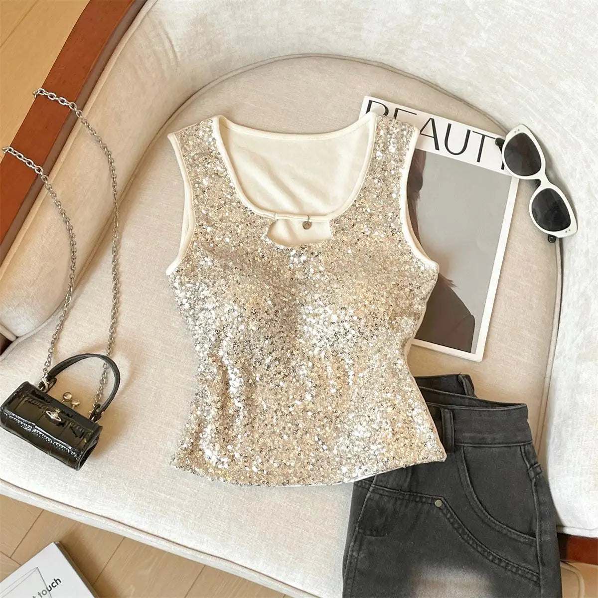 French Women Black Beige Sequin Elegant Sleeveless Vest Summer New Red Hollow Out Round Neck Holiday Short Tank Top Popular Chic