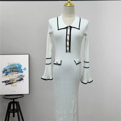 Load image into Gallery viewer, Autumn Winter Patchwork Single-breasted Casual Pullover Sweater Dress Elegant Office Women's Temperament Long Sleeve Knit Dress
