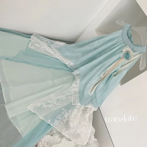 Load image into Gallery viewer, Summer French Vintage Blue Patchwork Lace Elegant Party Dress Women Round Neck Sleeveless Ruffle Edge Off Shoulder Pleated Dress
