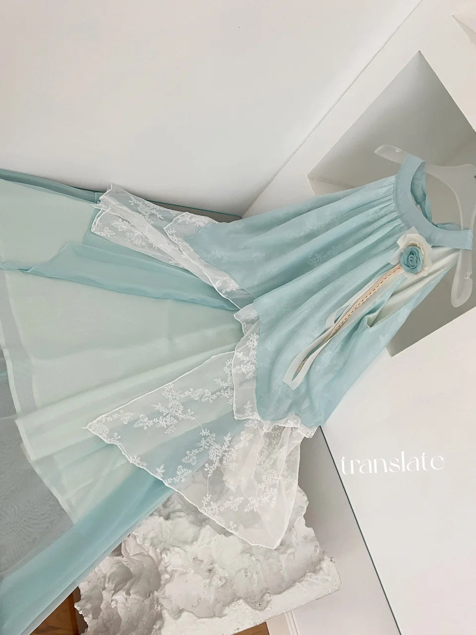 Summer French Vintage Blue Patchwork Lace Elegant Party Dress Women Round Neck Sleeveless Ruffle Edge Off Shoulder Pleated Dress