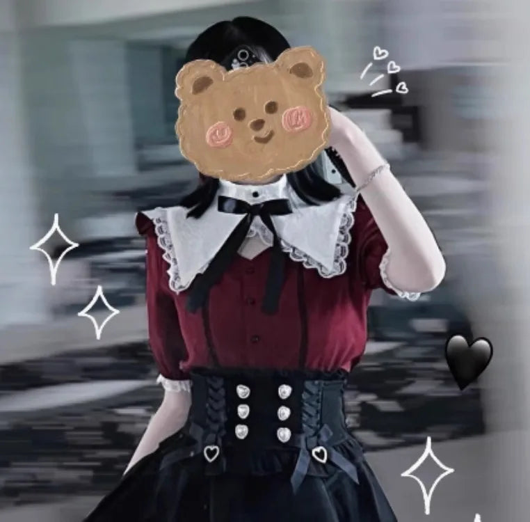 Japanese Kawaii Lolita Shirt Women Y2k Aesthetic Lace Patchwork Bandage Blouse Harajuku Sweet Cute Ruffle Bow Tops Blusas Cute