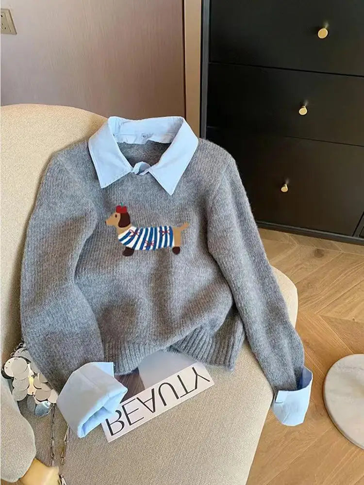 Korean Gray Elegant Embroidery Pullover Sweater 2024 Autumn Winter Women Holiday Long Sleeve Knitwear Casual Tops Fashion Trend