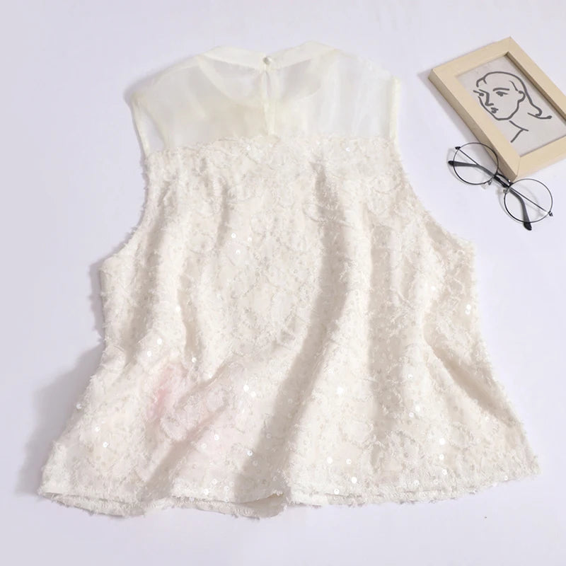 French Summer Women Beige Bow Bandage Vest Black Patchwork Sequin Sexy Club Off Shoulder Tank Tops Vintage Fashion Clothes Trend