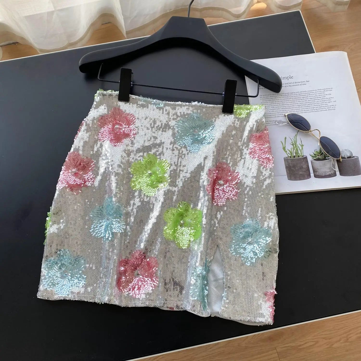 French Women Fashion Floral Sequined Sexy Club Zipper Mini Skirt Vintage High Waist Lady Split Short Skirts Spring Summer Trendy