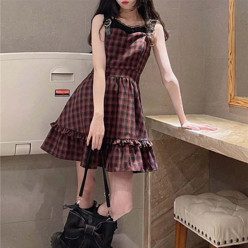 Plaid Dress Sets Women Outfits Black Lace Up Long Sleeve Cardigan Teen Girls Ruffles Sweet High Waist Sleeveless Dresse