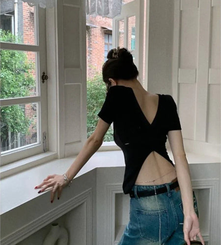 Y2k Aesthetic Solid Backless Short Sleeve Tshirts 2025 Summer Slim All Match Crop Top Ins Sexy Streetwear Women Cotton T-shirt