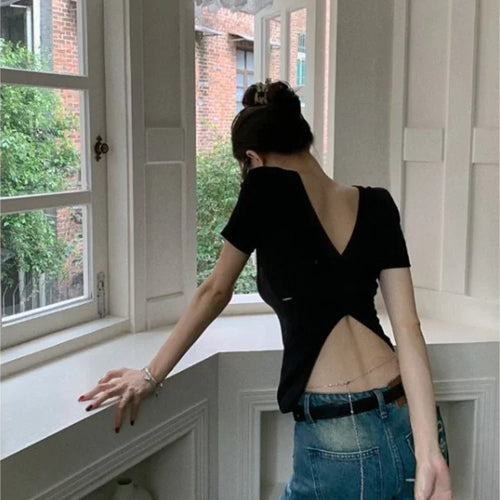 Load image into Gallery viewer, Y2k Aesthetic Solid Backless Short Sleeve Tshirts 2025 Summer Slim All Match Crop Top Ins Sexy Streetwear Women Cotton T-shirt
