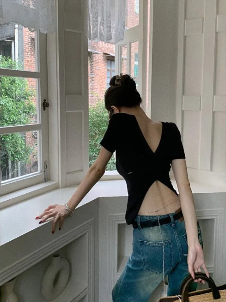 Y2k Aesthetic Solid Backless Short Sleeve Tshirts 2025 Summer Slim All Match Crop Top Ins Sexy Streetwear Women Cotton T-shirt