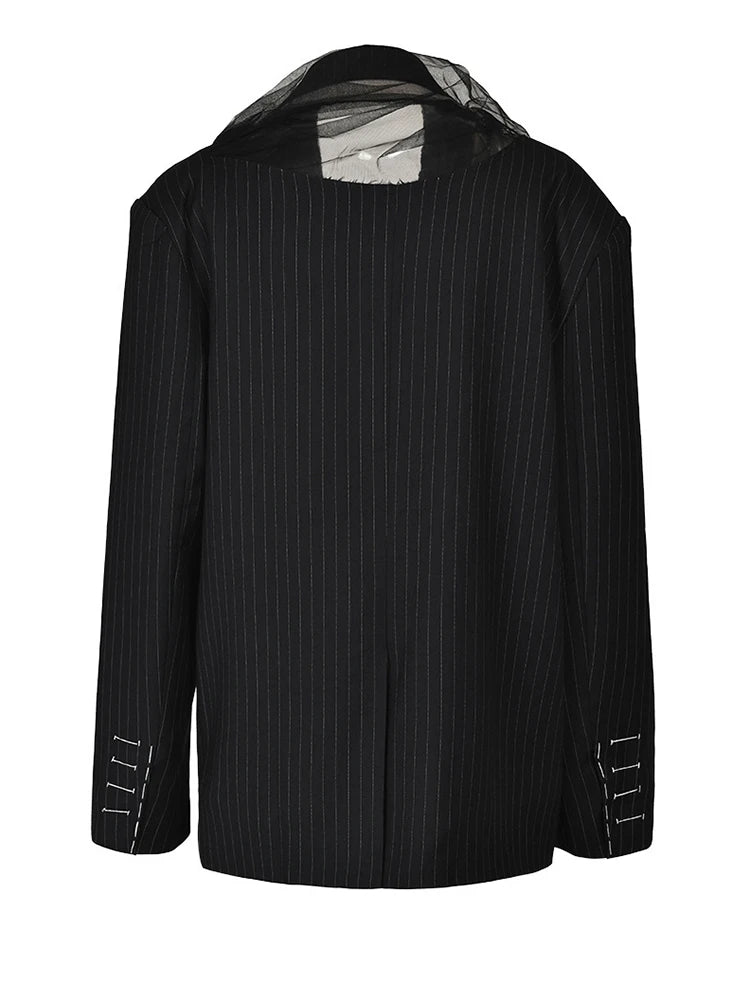 Women Black Striped Topstitched Big Size Blazer New Lapel Long Sleeve Loose Fit Jacket Fashion Spring Autumn 2025 17A6435