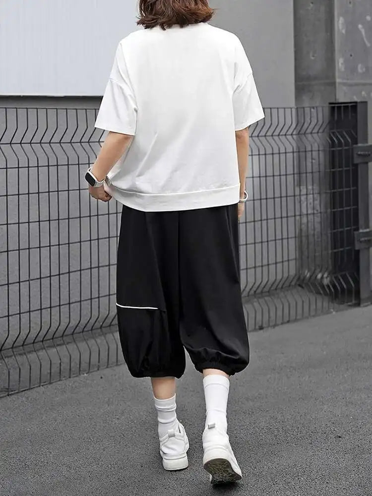 Women White Irregular Pocket Big Size Casual T-shirt New Round Neck Short Sleeve Fashion Tide Spring Summer 2025  1DJ0620