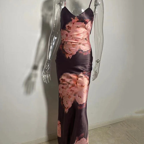 Load image into Gallery viewer, Satin Floral Print Sexy Maxi Dress Women Gown Elegant Spaghetti Strap Sleeveless Backless Bodycon Evening Club Dress
