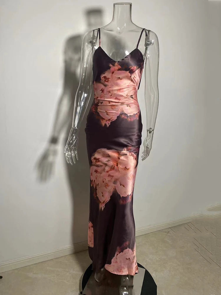 Satin Floral Print Sexy Maxi Dress Women Gown Elegant Spaghetti Strap Sleeveless Backless Bodycon Evening Club Dress
