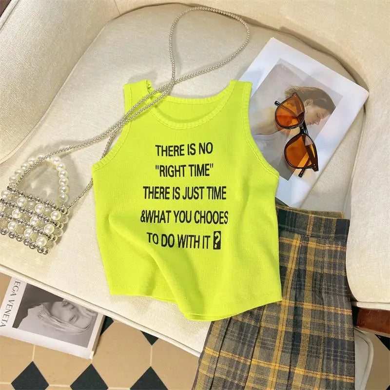 Summer Y2k White Letter Sleeveless Sexy Short Tank Top For Women Pink Yellow Vest Streetwear Clothing Casual Holiday Popular New