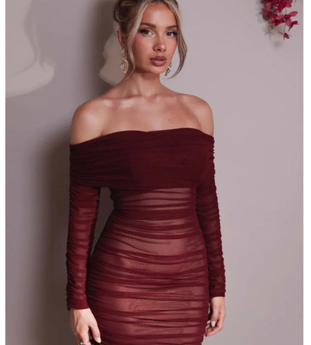 Elegant One Shoulder Mesh Patchwork Long Sleeve Party Evening Dress Women Sexy Bodycon Vestdos Autumn/Winter Clothing