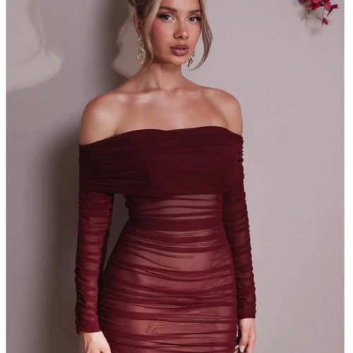 Load image into Gallery viewer, Elegant One Shoulder Mesh Patchwork Long Sleeve Party Evening Dress Women Sexy Bodycon Vestdos Autumn/Winter Clothing
