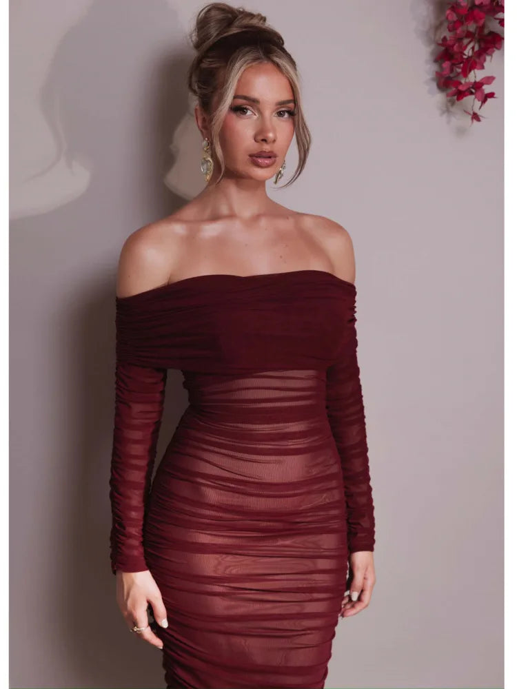 Elegant One Shoulder Mesh Patchwork Long Sleeve Party Evening Dress Women Sexy Bodycon Vestdos Autumn/Winter Clothing