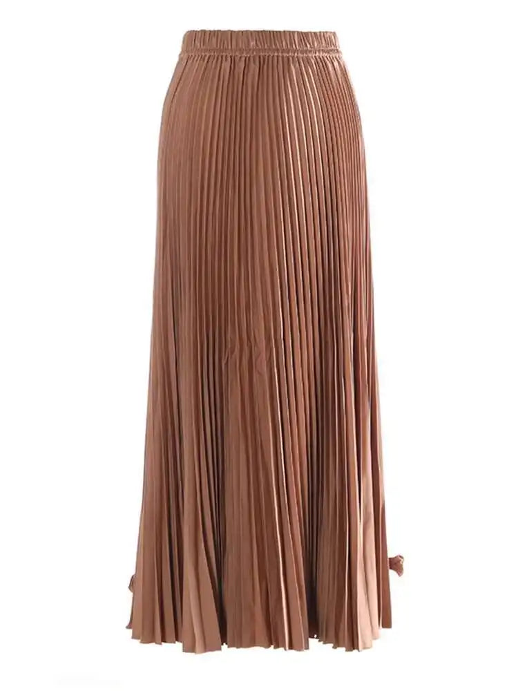 High Elastic Waist Wine Red Bow Spliced Pleated Elegant Half-body Skirt Women Fashion Tide New Spring Autumn 2025 1DH9840