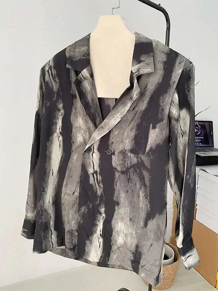 Women Black Tie Dye Should Padded Big Size Blouse New Lapel Long Sleeve Loose Fit Shirt Fashion Spring Autumn 2025 1DF0348