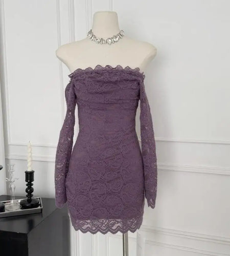 Vintage Fashion Women Purple Lace Long Sleeved Backless Party Short Dress Autumn Off Shoulder Wrapping Hip Mini Dress Simplicity