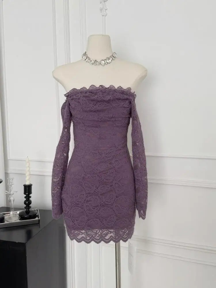 Vintage Fashion Women Purple Lace Long Sleeved Backless Party Short Dress Autumn Off Shoulder Wrapping Hip Mini Dress Simplicity