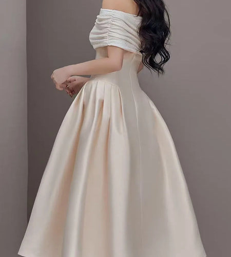 Slimming Spliced Folds Temperament Dresses for Women Slash Neck Short Sleeves High Waist Evening Dress Female New