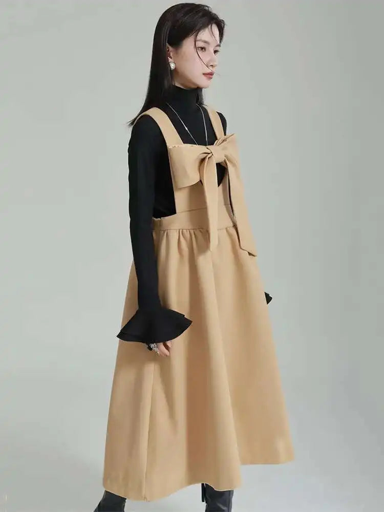 Women Gray Bow Bandage Spliced Long Elegant Woolen Dress New Sleeveless Loose Fit Fashion Tide Autumn Winter 2025 1DF3527