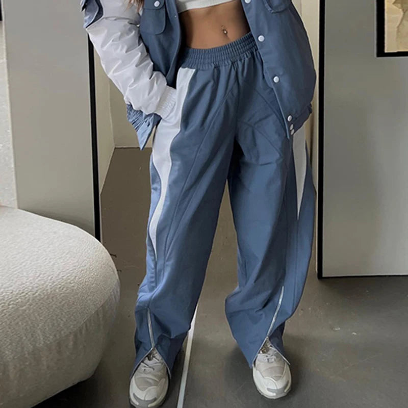 Streetwear Stripe Stitched Baggy Trousers Zipper Straight Leg Harajuku Tech Women Pants Sweatpants Hip Hop Clothing