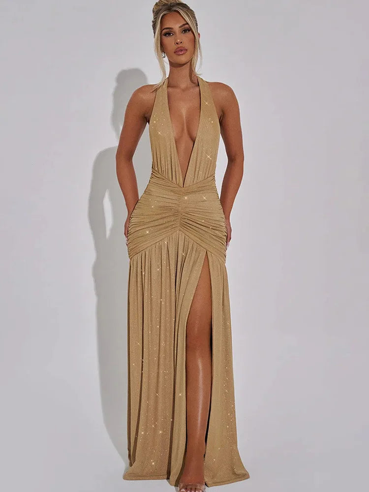 Sexy Sleeveless Backless Shiny Silver Silk Strap Dress For Women Spring 2025 Vestidos Slit Slim Party Evening Dress