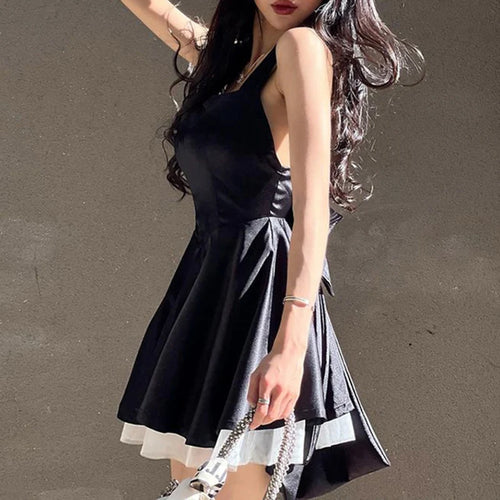 Load image into Gallery viewer, Korean Fashion Backless Black Tie-Up Bow Summer Dress Women Mesh Spliced Sweet A-Line Sleeveless Sundress Chic French
