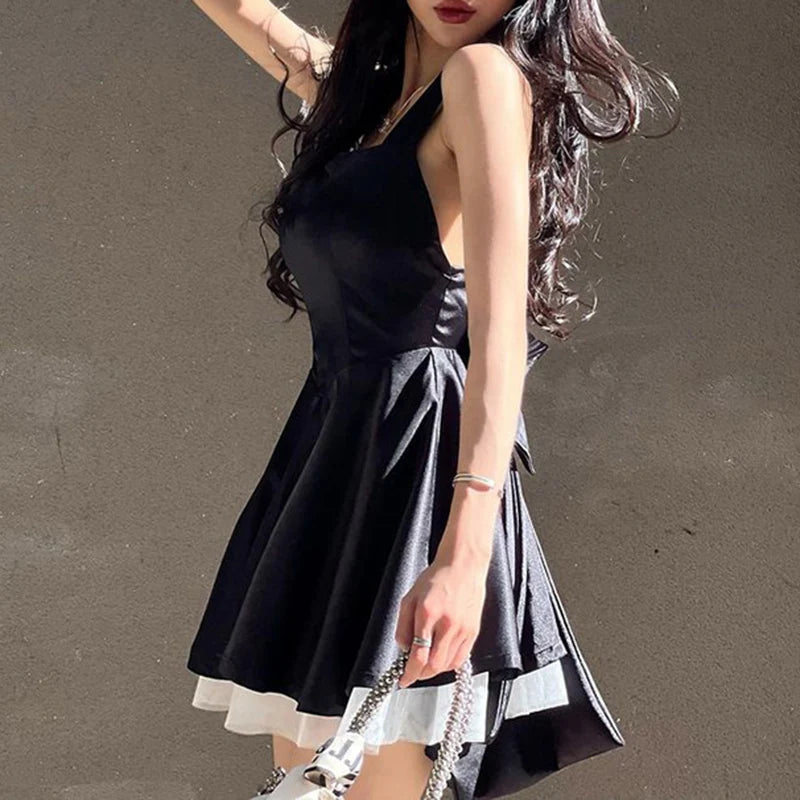 Korean Fashion Backless Black Tie-Up Bow Summer Dress Women Mesh Spliced Sweet A-Line Sleeveless Sundress Chic French