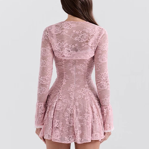 Load image into Gallery viewer, Lace Flare Long Sleeve Sexy Mini Dress For Women Robe Autumn New Pink O Neck A-line High Waist Pleated Dress Elegant
