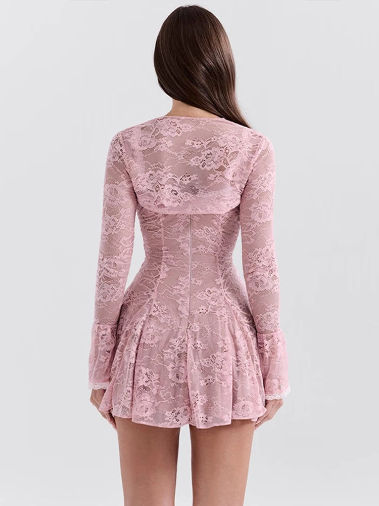 Lace Flare Long Sleeve Sexy Mini Dress For Women Robe Autumn New Pink O Neck A-line High Waist Pleated Dress Elegant