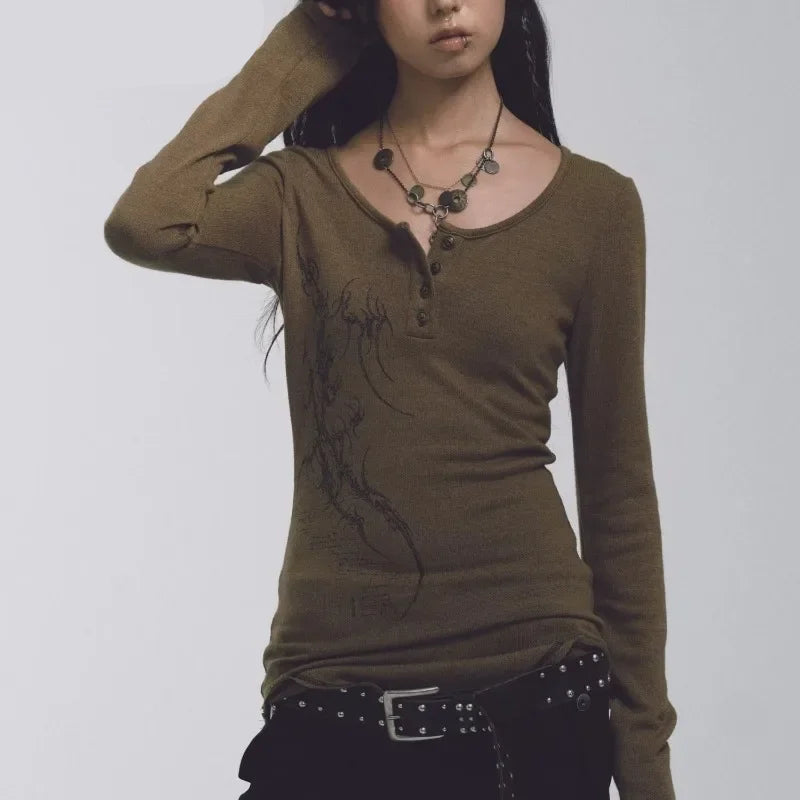Punk T Shrits Korean Women Clothes Print Long Sleeve Tunic Tees 2025 Ropa Mujer Vintage Chic Tshirts Casual O-neck T-shirt Tops