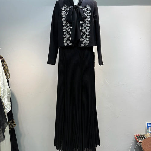 Load image into Gallery viewer, Two Piece Set For Women O Neck Long Sleeve Patchwork Diamonds Coat Lace Up Sleeveless High Waist Dress Sets Female
