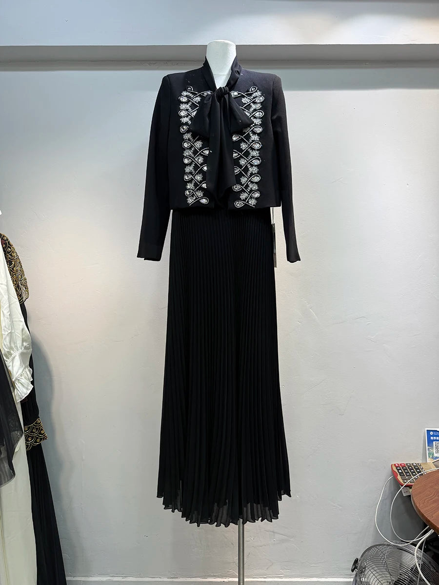 Two Piece Set For Women O Neck Long Sleeve Patchwork Diamonds Coat Lace Up Sleeveless High Waist Dress Sets Female