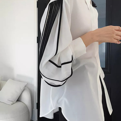 Load image into Gallery viewer, Straight Patchwork Shirt For Women Lapel Lantern Sleeve Colorblock Loose Blouses Female Clothing Style Fashion
