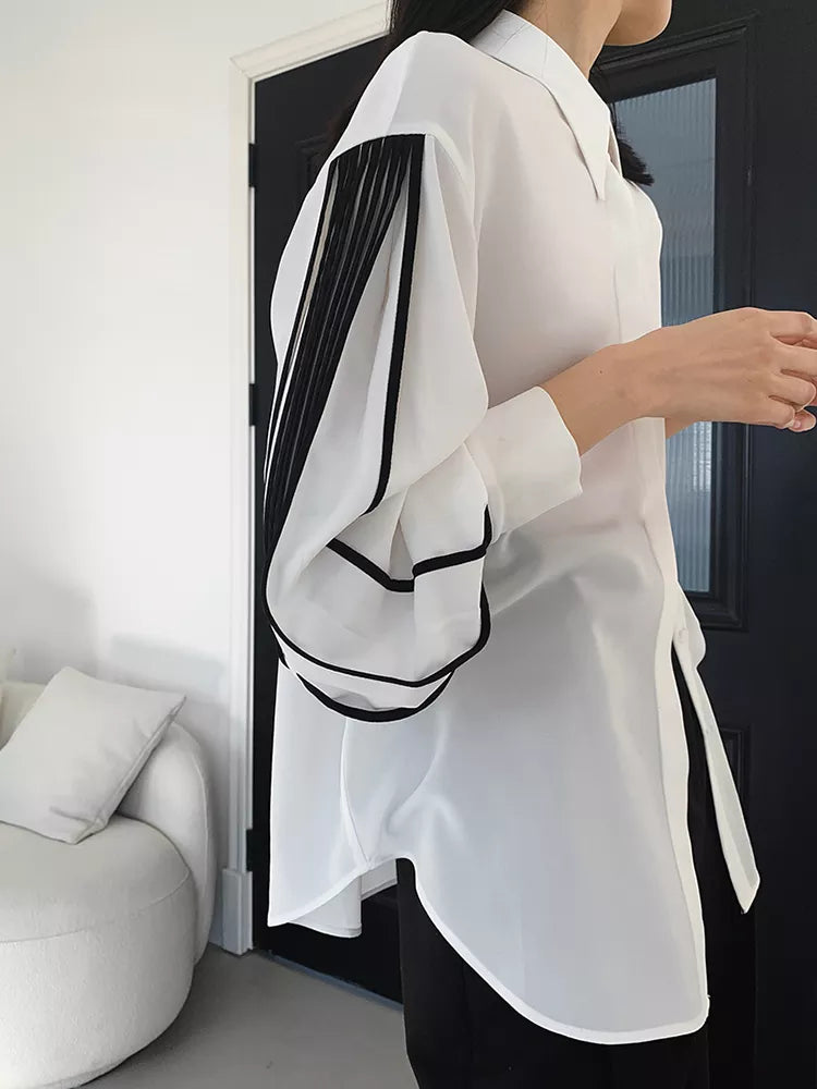 Straight Patchwork Shirt For Women Lapel Lantern Sleeve Colorblock Loose Blouses Female Clothing Style Fashion