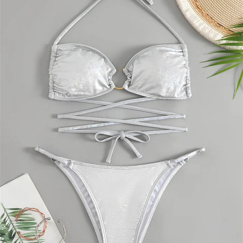 Load image into Gallery viewer, Shiny Halter Bikini Set Brazilian Swimsuit 2025 Bandeau Women Swimwear Cross Bandage Thong Biquini Sexy Swimming Suit
