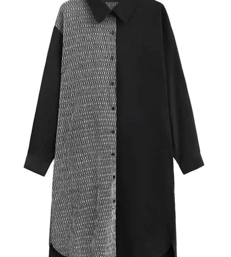 Women Black Color-block Big Size Midi Shirt Dress New Lapel Long Sleeve Loose Fit Fashion Tide Spring Autumn 2025 1DH2095