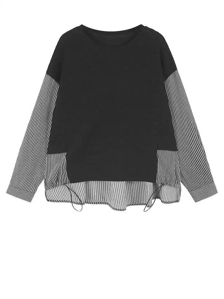 Blue Knitting Striped Irregular Sweatshirt New Round Neck Long Sleeve Women Big Size Fashion Spring Autumn 2025 1DH8043