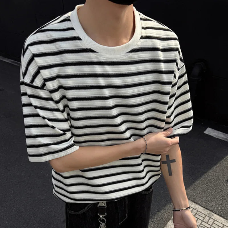 Striped Men's T-shirts New Summer Short Sleeve Loosse Round Neck Fashion Pullover Trendy Men's Top Contrast Color 9W1562