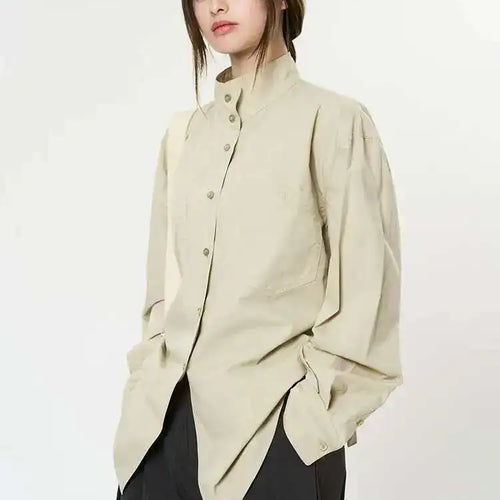 Load image into Gallery viewer, Women Brown Brief Belted Big Size Elegant Blouse New Stand Collar Long Sleeve Shirt Fashion Spring Autumn 2025 1DH9983
